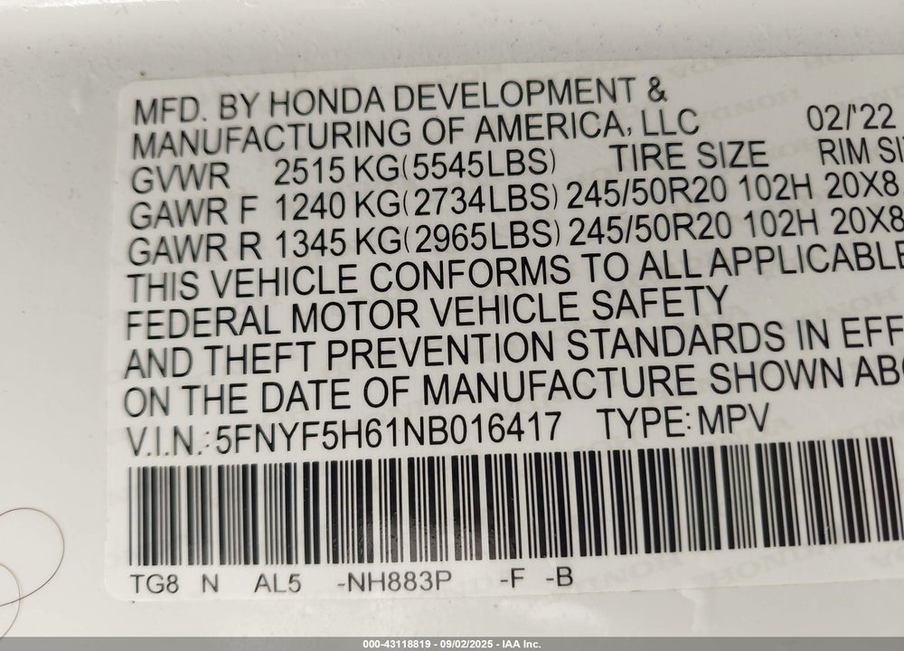 2022 HONDA PILOT VIN: 5FNYF5H61NB016417