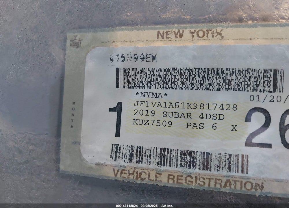 2019 SUBARU WRX VIN: JF1VA1A61K9817428
