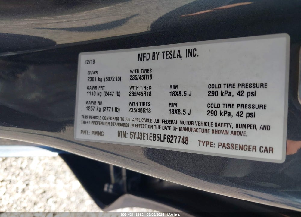 2020 TESLA MODEL 3 VIN: 5YJ3E1EB5LF627748