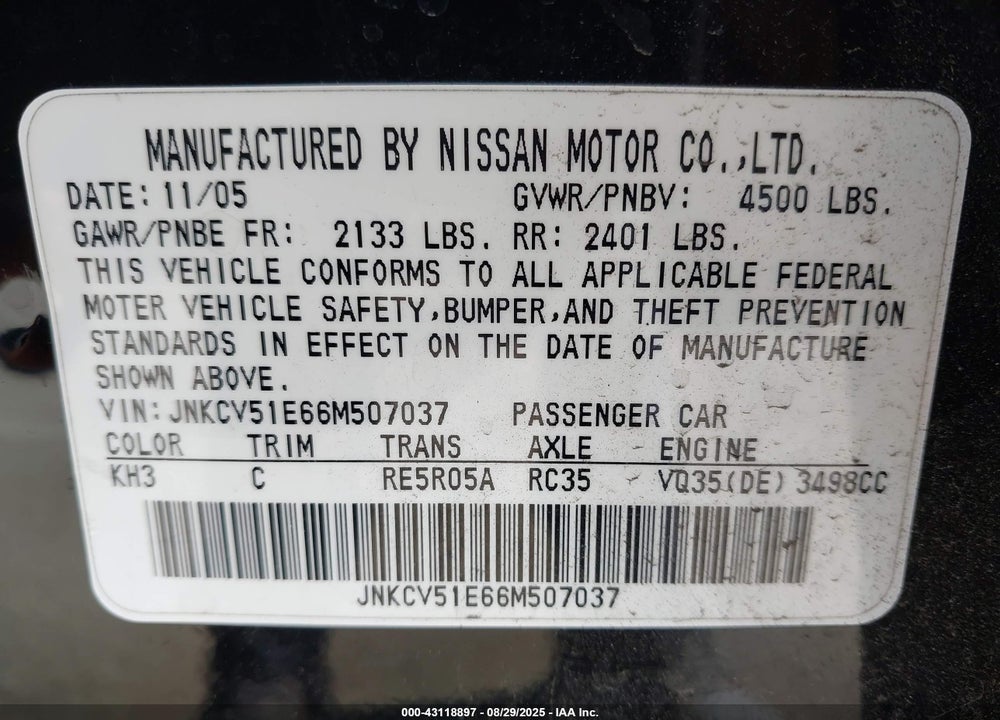 2006 INFINITI G35 VIN: JNKCV51E66M507037