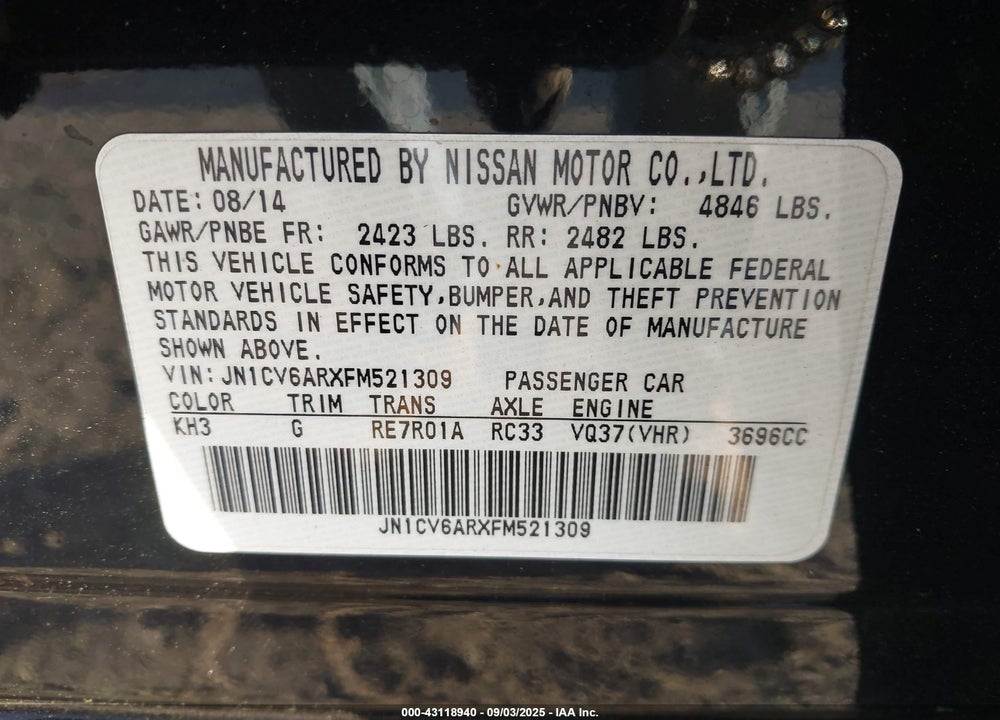 2015 INFINITI Q40 VIN: JN1CV6ARXFM521309