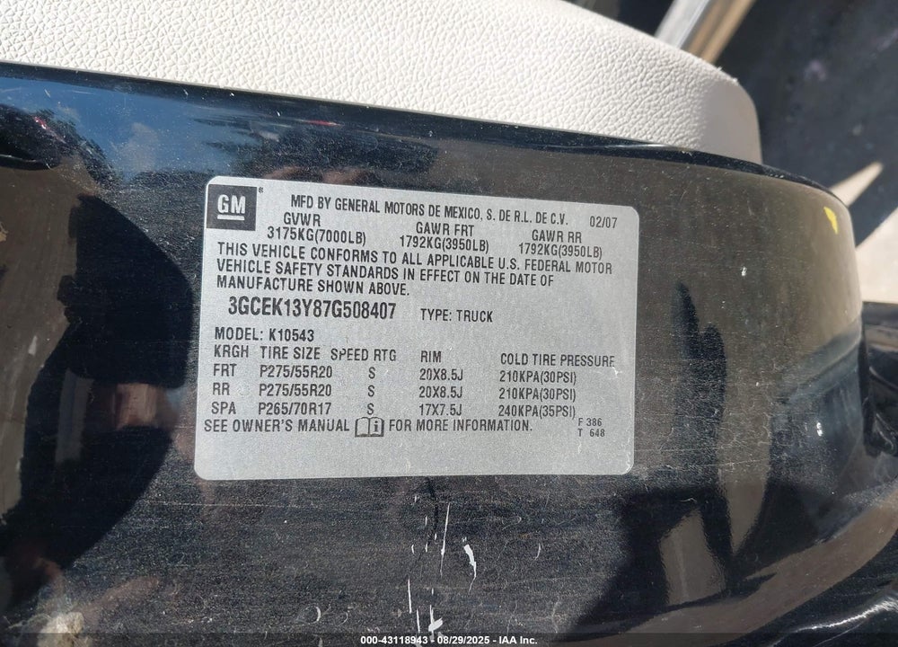 2007 CHEVROLET SILVERADO 1500 LTZ VIN: 3GCEK13Y87G508407