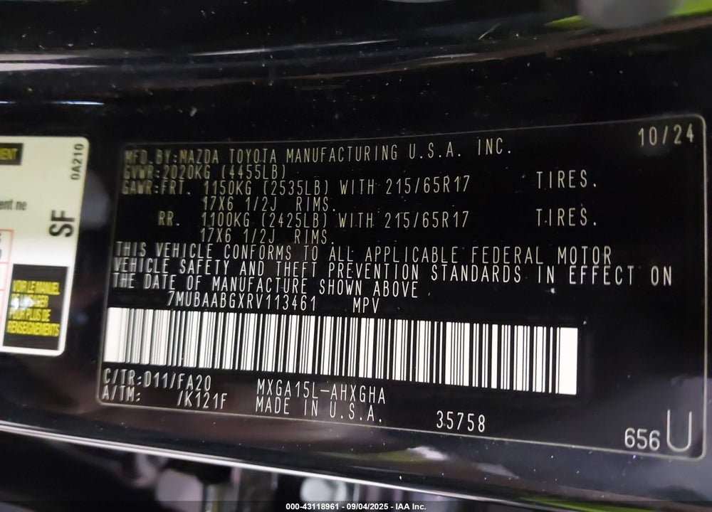 2024 TOYOTA COROLLA CROSS VIN: 7MUBAABGXRV113461