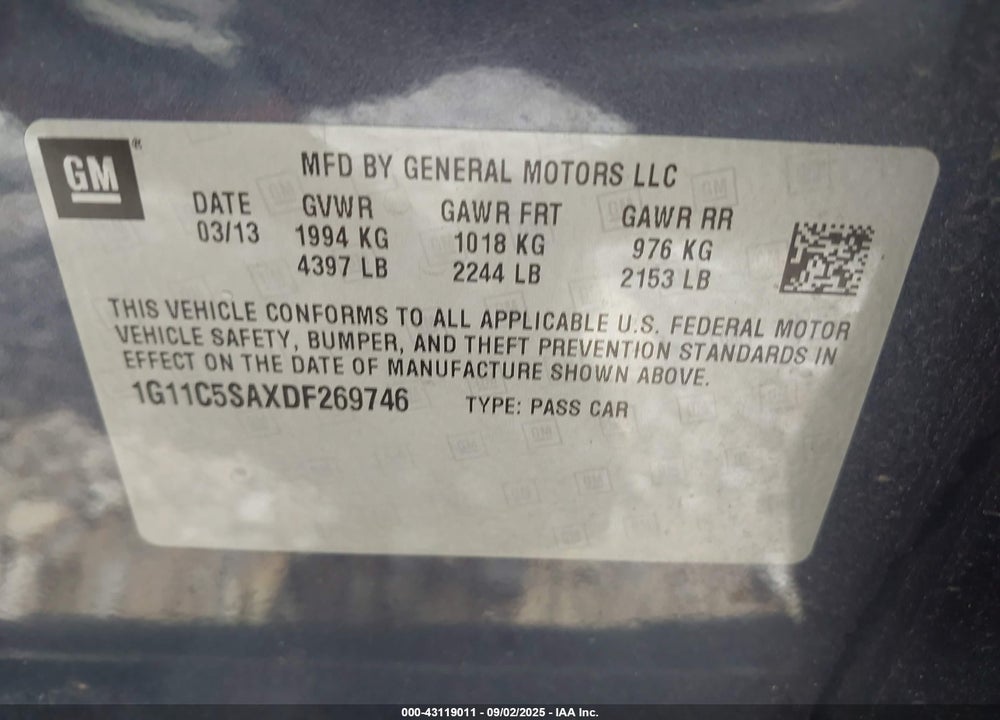 2013 CHEVROLET MALIBU VIN: 1G11C5SAXDF269746