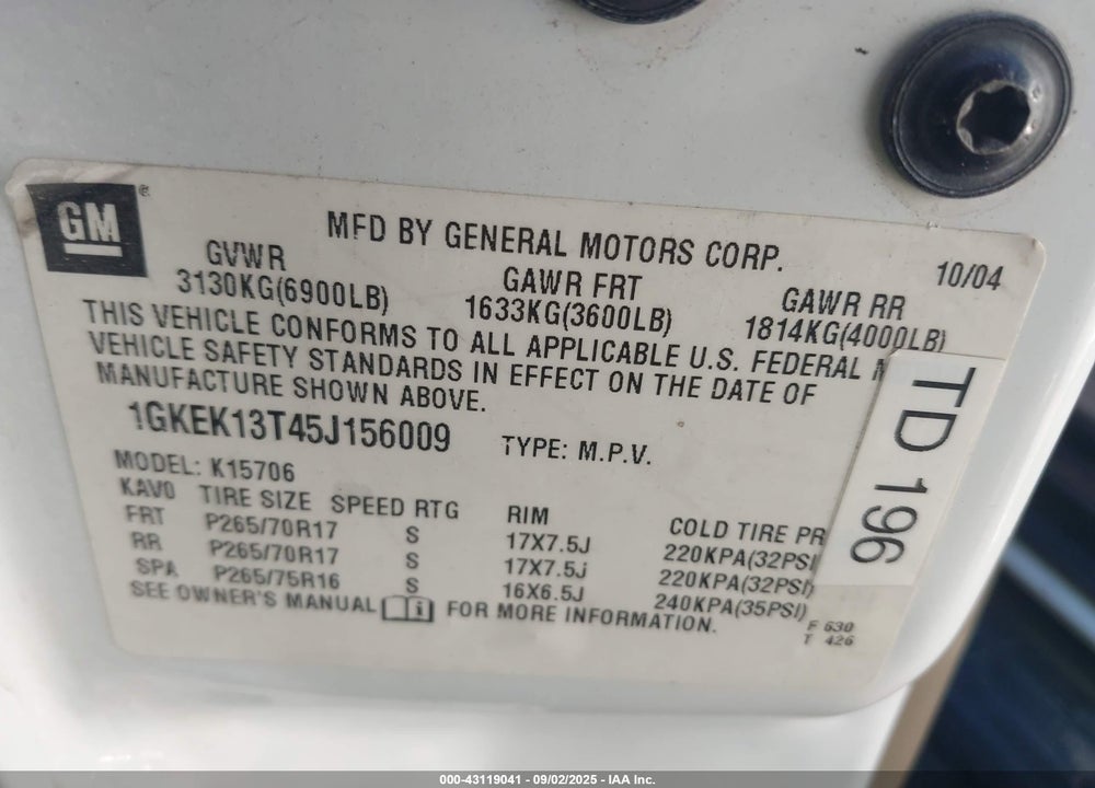 2005 GMC YUKON SLT VIN: 1GKEK13T45J156009