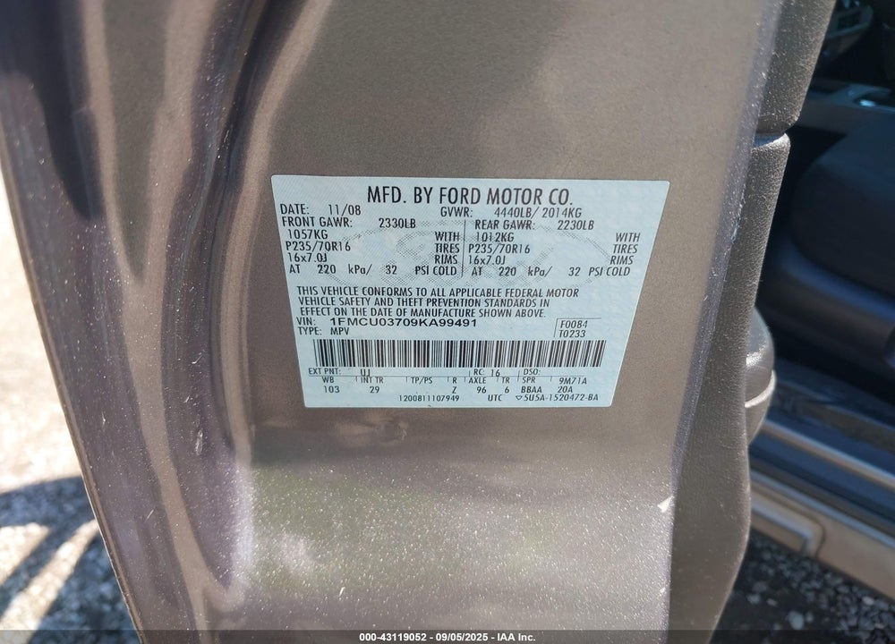 2009 FORD ESCAPE VIN: 1FMCU03709KA99491