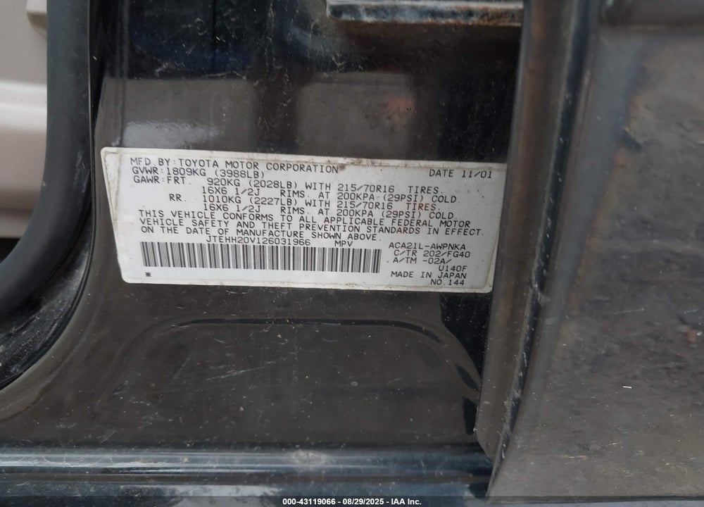2002 TOYOTA RAV4 VIN: JTEHH20V126031966