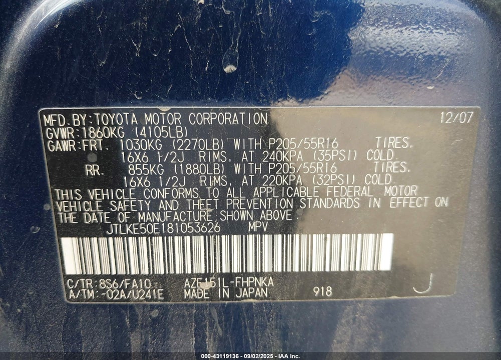 2008 SCION XB VIN: JTLKE50E181053626
