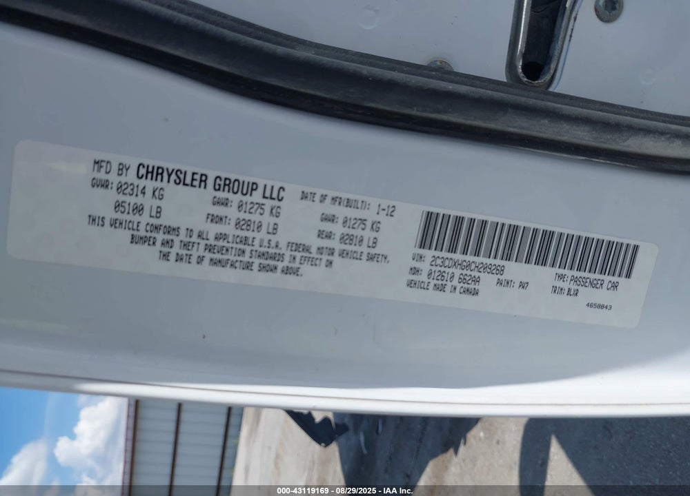 2012 DODGE CHARGER VIN: 2C3CDXHG0CH209268