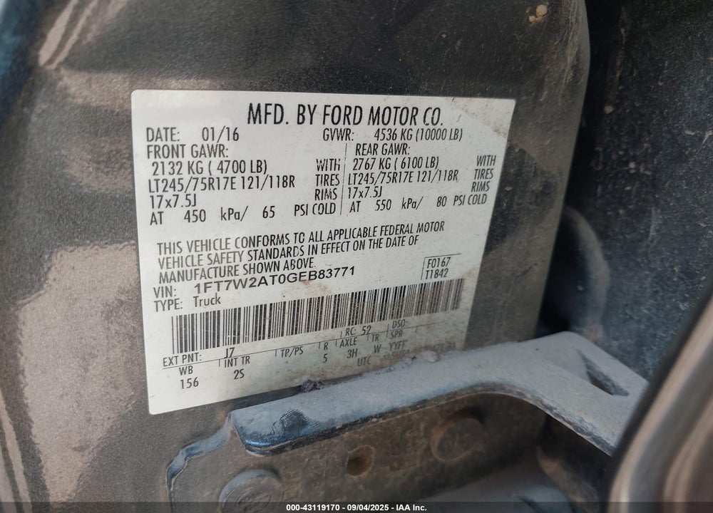 2016 FORD F-250 VIN: 1FT7W2AT0GEB83771