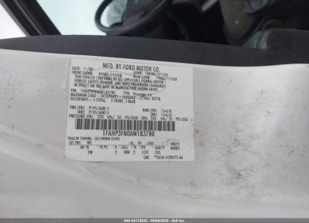 2010 FORD FOCUS VIN: 1FAHP3FN0AW183780