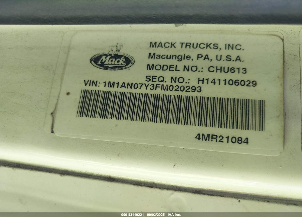 2015 MACK 600 CHU600 VIN: 1M1AN07Y3FM020293