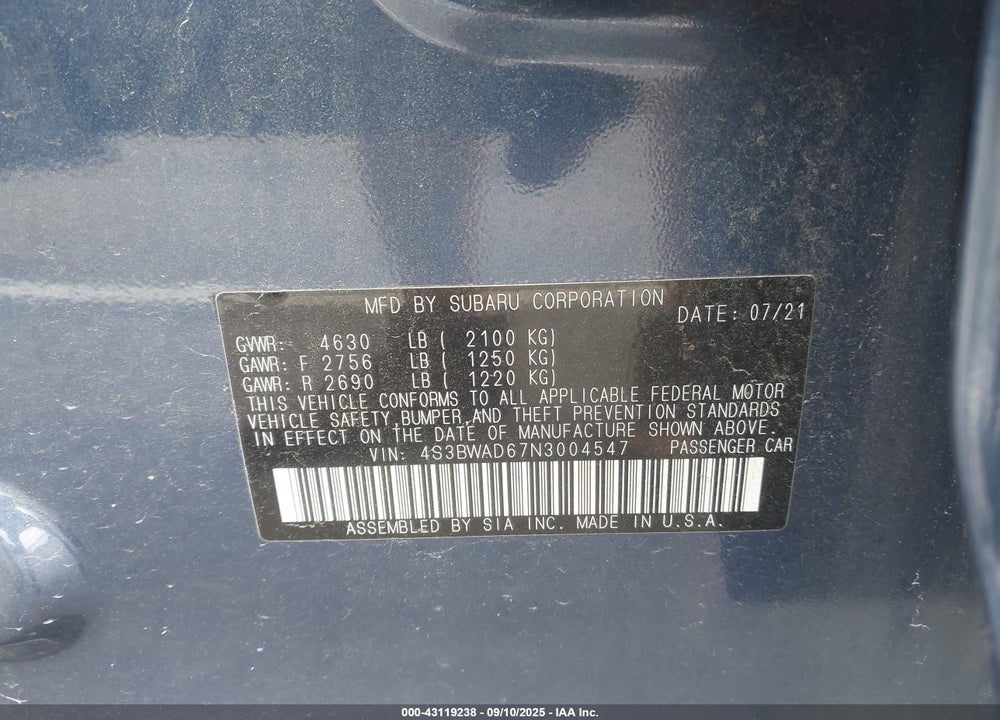 2022 SUBARU LEGACY VIN: 4S3BWAD67N3004547