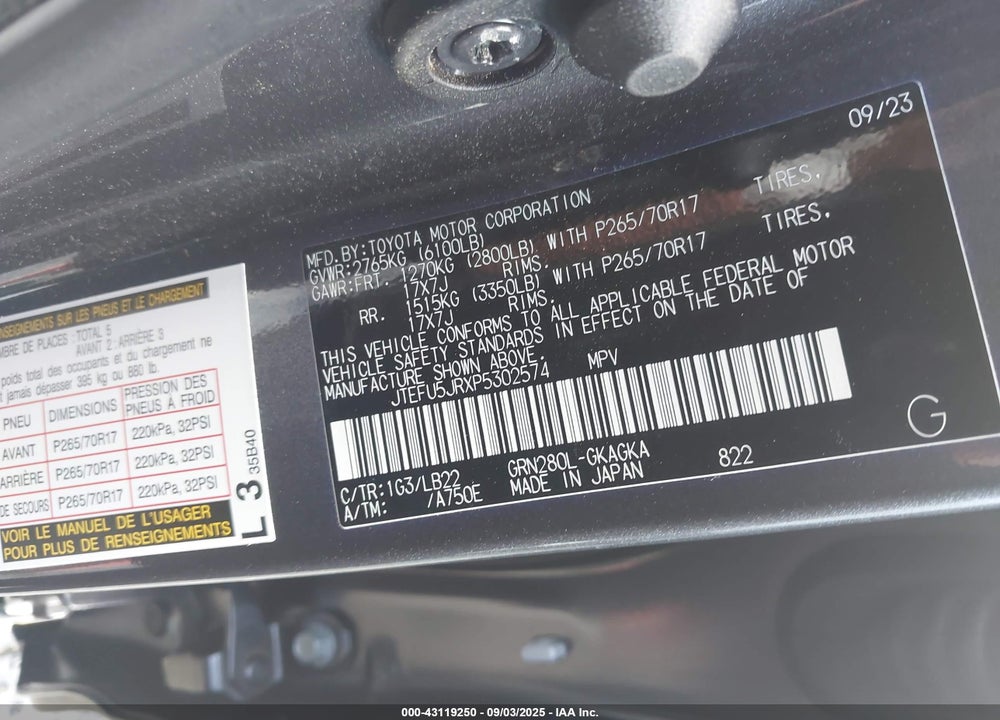 2023 TOYOTA 4RUNNER VIN: JTEFU5JRXP5302574