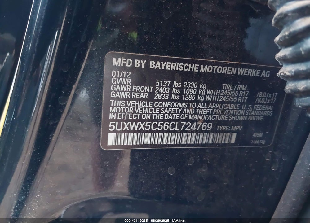 2012 BMW X3 VIN: 5UXWX5C56CL724769