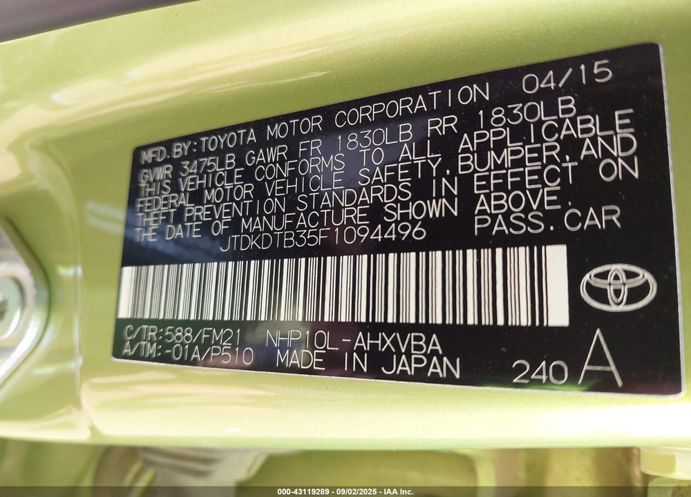 2015 TOYOTA PRIUS C VIN: JTDKDTB35F1094496