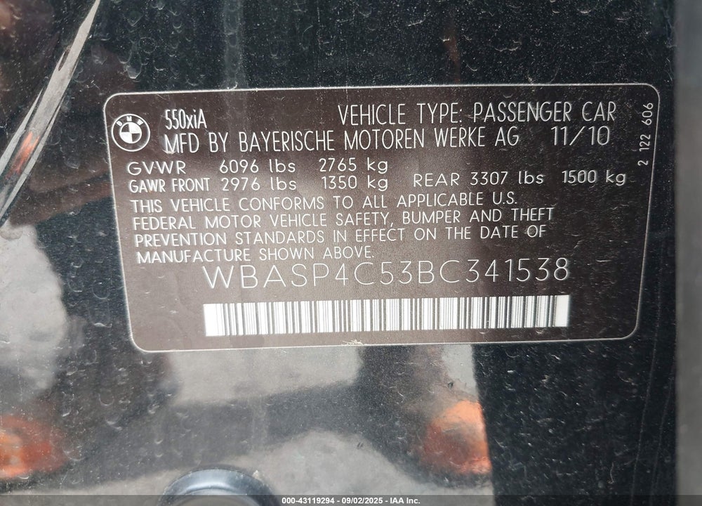 2011 BMW 5 SERIES VIN: WBASP4C53BC341538