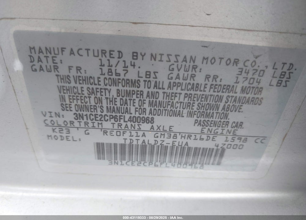 2015 NISSAN VERSA NOTE VIN: 3N1CE2CP6FL400968
