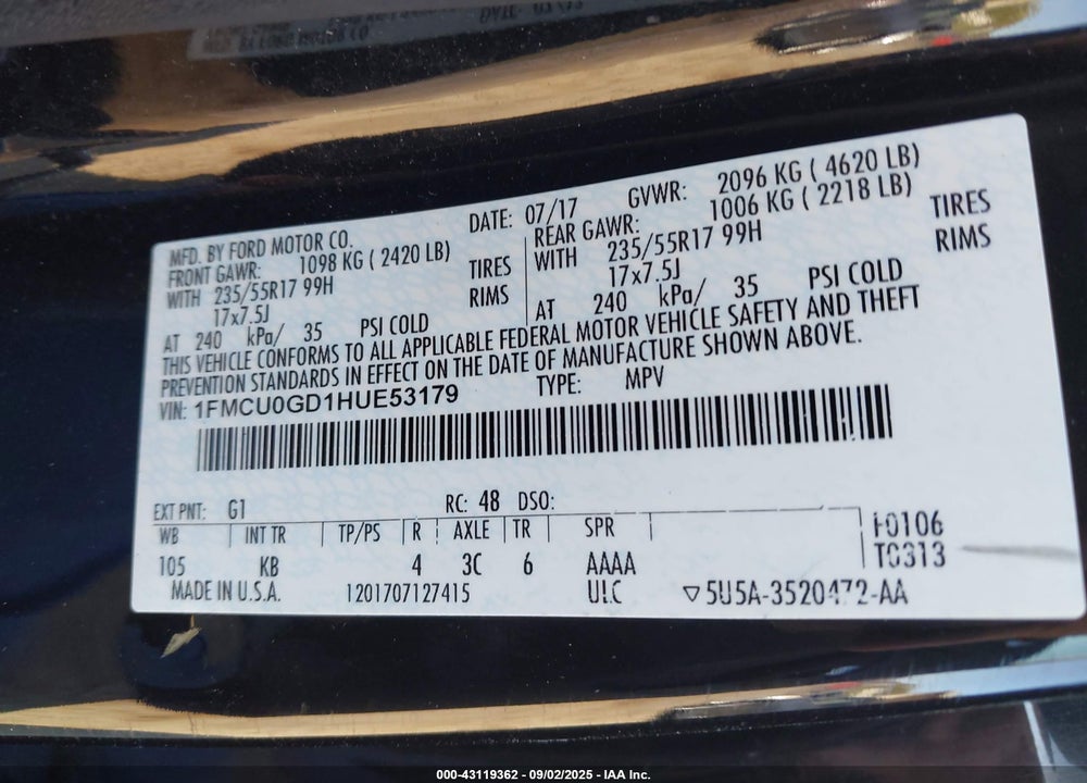 2017 FORD ESCAPE SE VIN: 1FMCU0GD1HUE53179