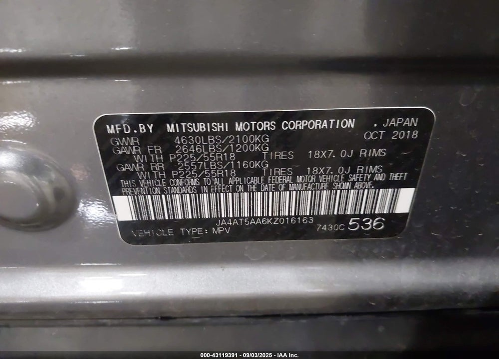 2019 MITSUBISHI ECLIPSE VIN: JA4AT5AA6KZ016163