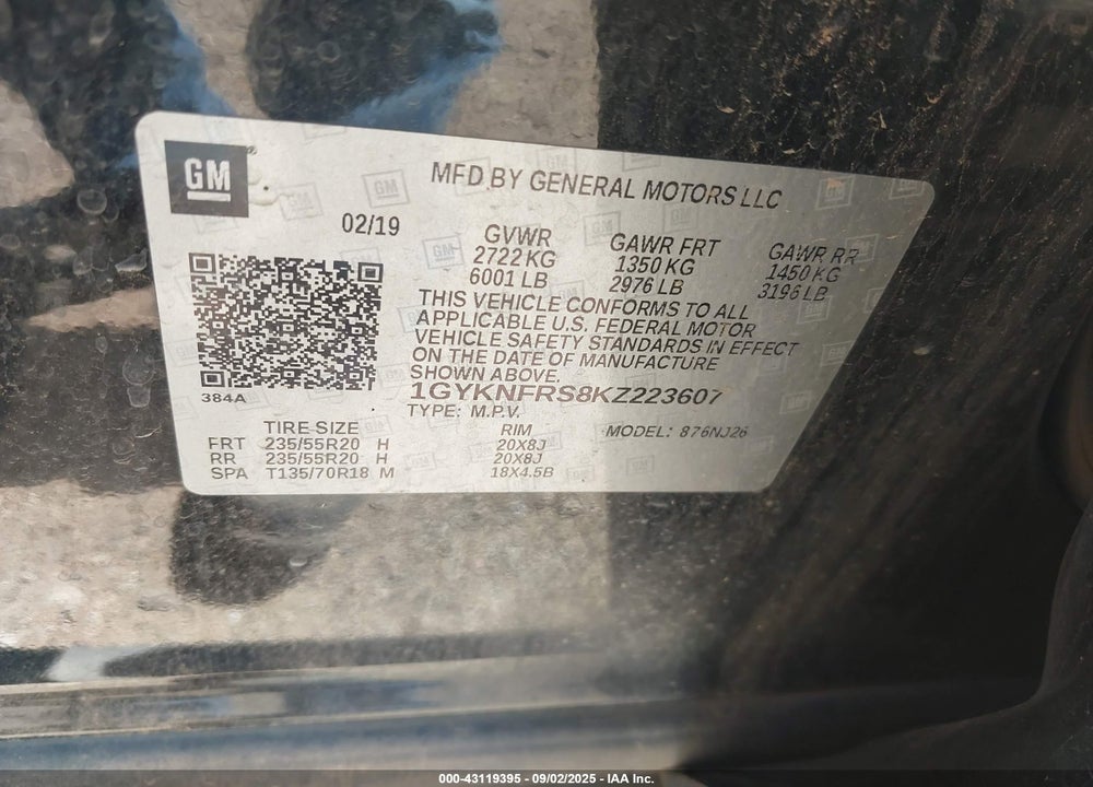 2019 CADILLAC XT5 PREMIUM LUXURY VIN: 1GYKNFRS8KZ223607