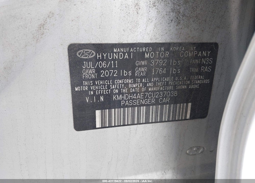 2012 HYUNDAI ELANTRA VIN: KMHDH4AE7CU237038