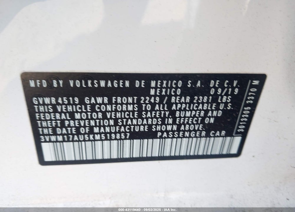 2019 VOLKSWAGEN GOLF ALLTRACK TSI S/TSI SE/TSI SEL VIN: 3VWM17AU5KM519857
