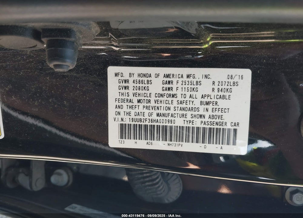 2017 ACURA TLX VIN: 19UUB2F36HA000990