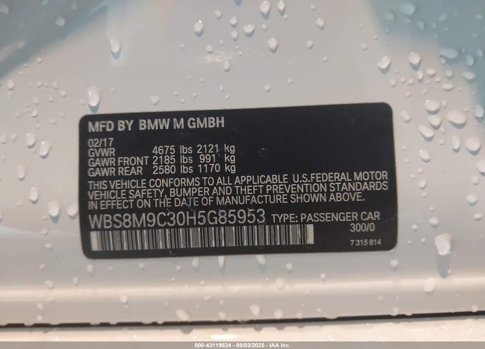 2017 BMW M3 VIN: WBS8M9C30H5G85953