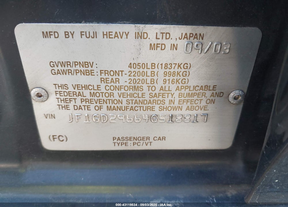 2004 SUBARU IMPREZA WRX VIN: JF1GD29664G518817