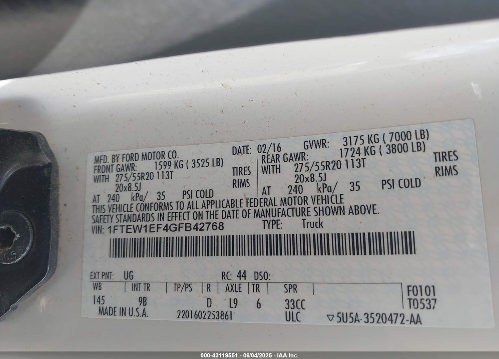 2016 FORD F-150 VIN: 1FTEW1EF4GFB42768