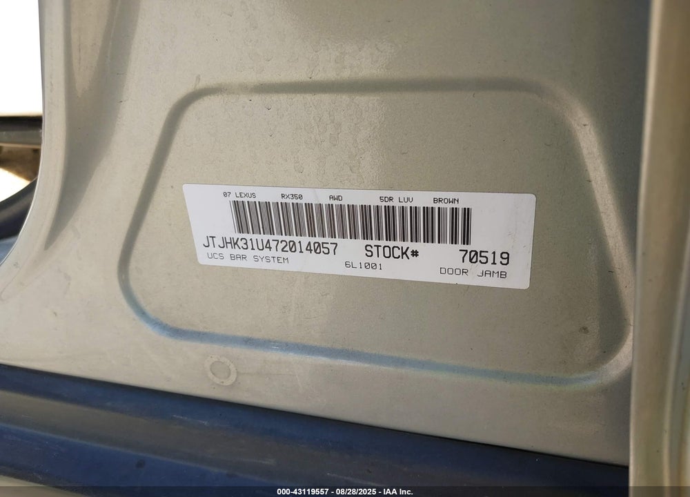 2007 LEXUS RX 350 VIN: JTJHK31U472014057