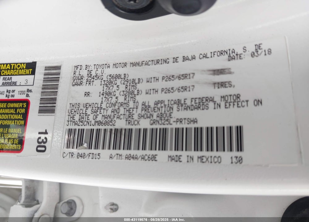 2018 TOYOTA TACOMA VIN: 3TMAZ5CN1JM060852