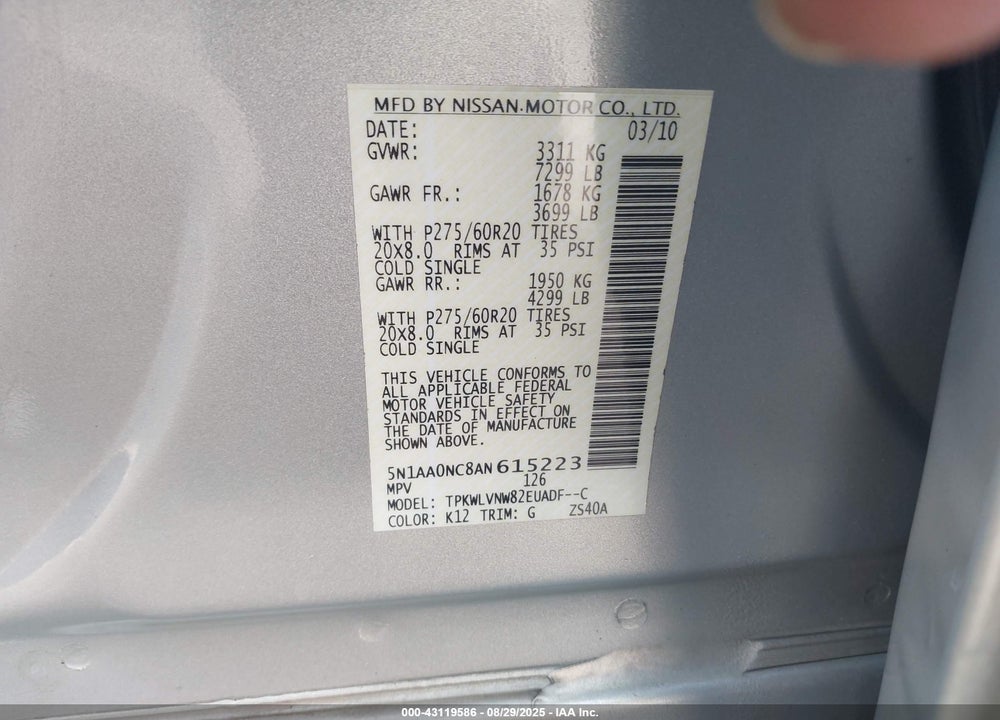 2010 NISSAN ARMADA VIN: 5N1AA0NC8AN615223