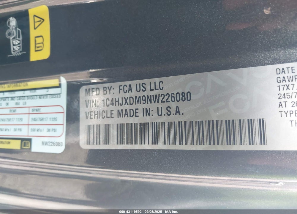 2022 JEEP WRANGLER UNLIMITED VIN: 1C4HJXDM9NW226080
