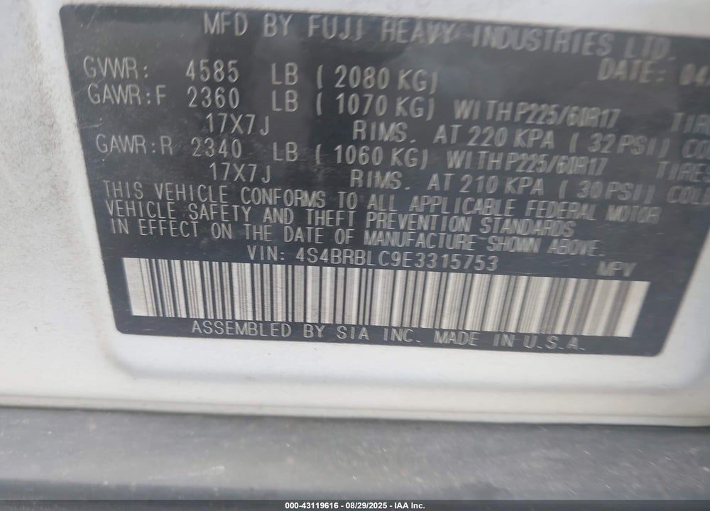 2014 SUBARU OUTBACK VIN: 4S4BRBLC9E3315753