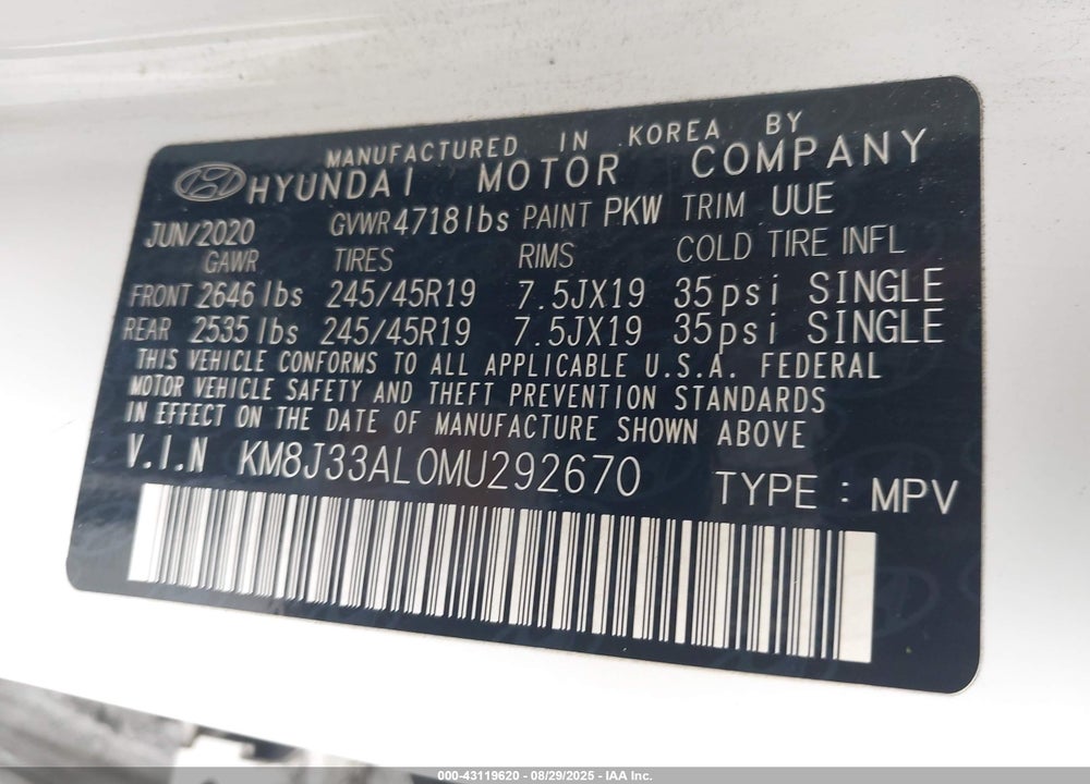 2021 HYUNDAI TUCSON VIN: KM8J33AL0MU292670