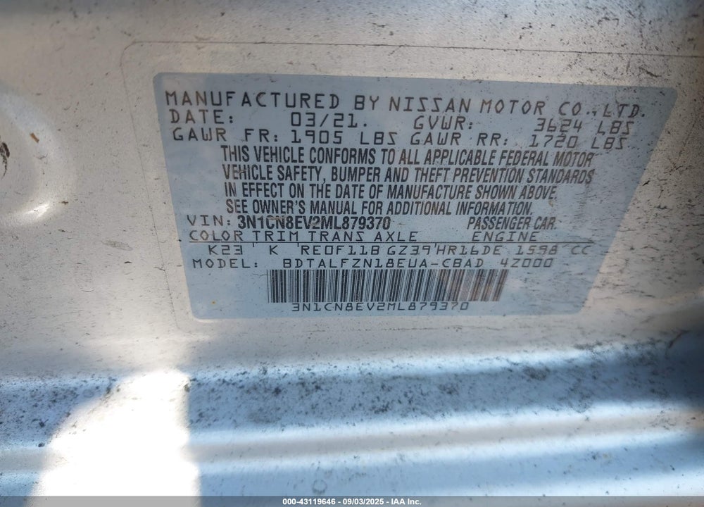 2021 NISSAN VERSA VIN: 3N1CN8EV2ML879370