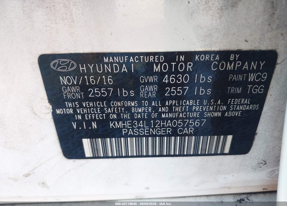 2017 HYUNDAI SONATA HYBRID VIN: KMHE34L12HA057567