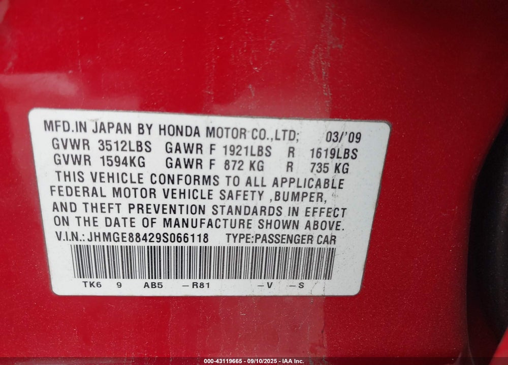 2009 HONDA FIT VIN: JHMGE88429S066118