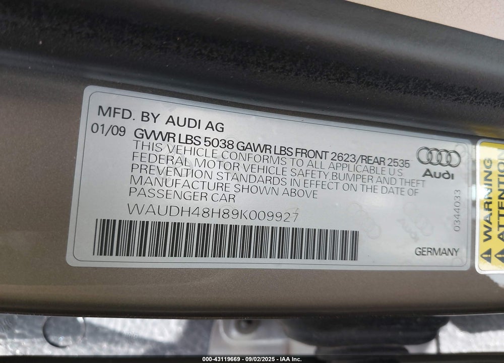 2009 AUDI A4 VIN: WAUDH48H89K009927