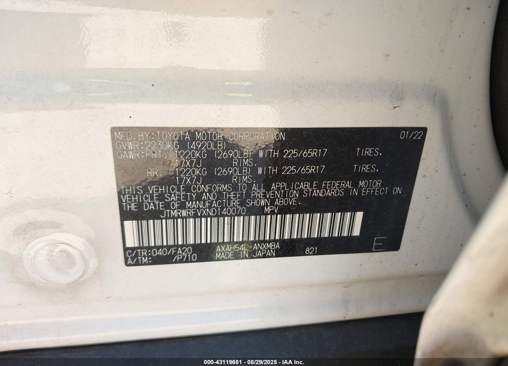 2022 TOYOTA RAV4 HYBRID VIN: JTMRWRFVXND140070