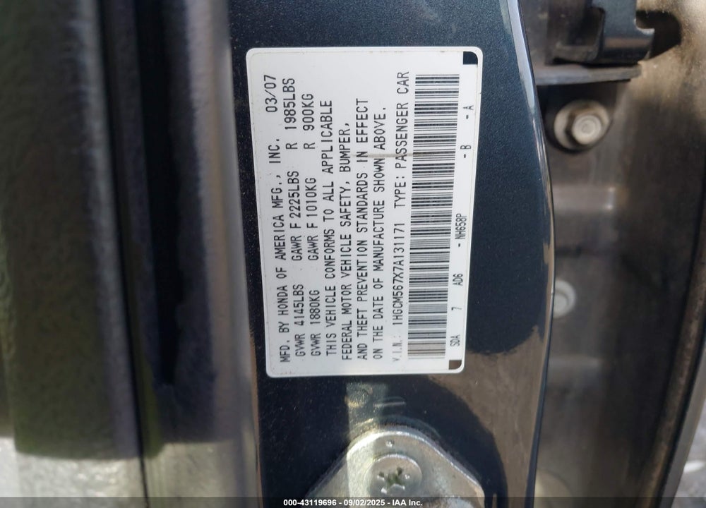2007 HONDA ACCORD 2.4 EX VIN: 1HGCM567X7A131171