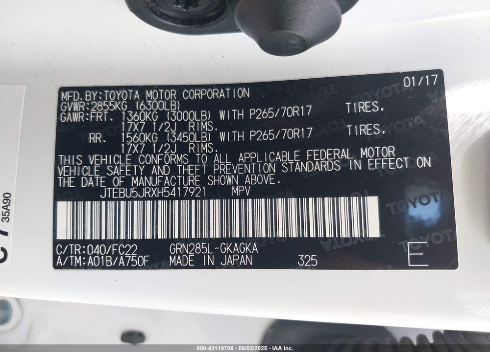 2017 TOYOTA 4RUNNER VIN: JTEBU5JRXH5417921