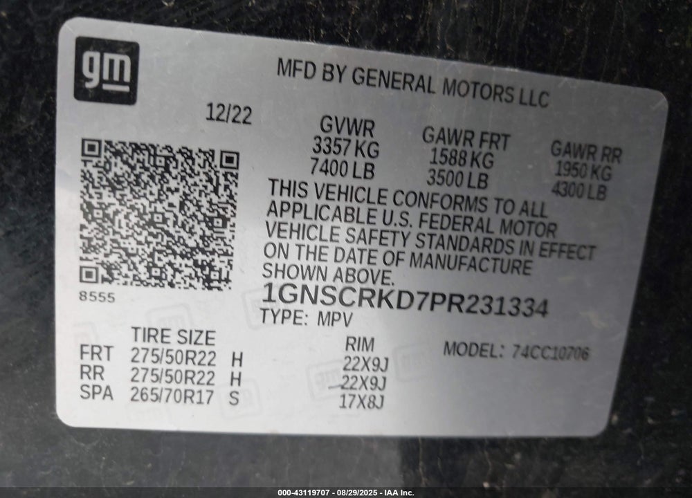 2023 CHEVROLET TAHOE VIN: 1GNSCRKD7PR231334