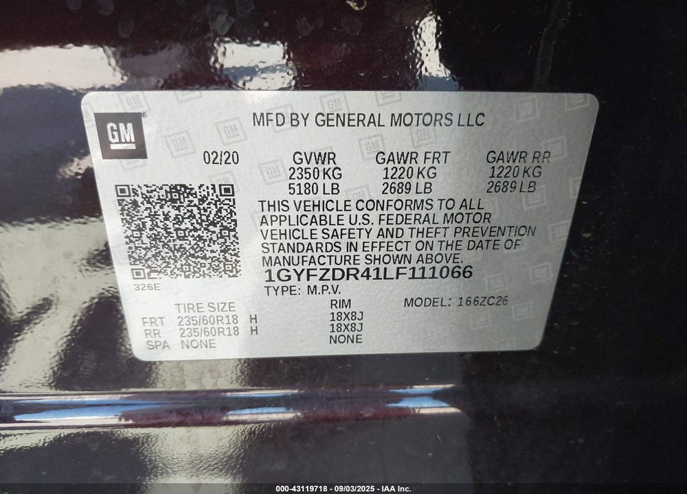 2020 CADILLAC XT4 VIN: 1GYFZDR41LF111066