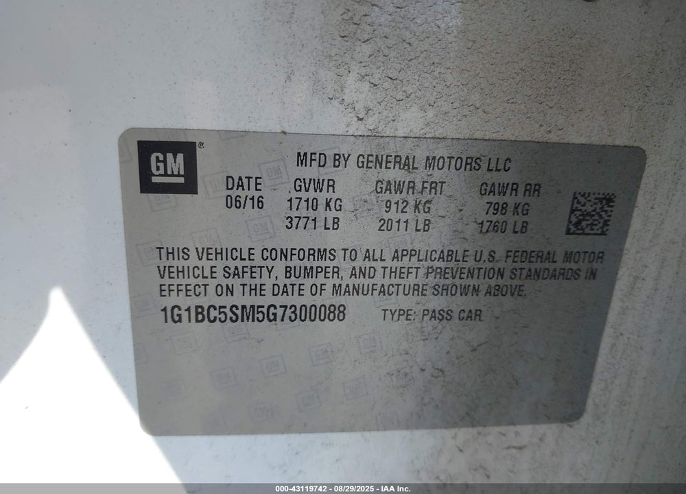 2016 CHEVROLET CRUZE LS AUTO VIN: 1G1BC5SM5G7300088