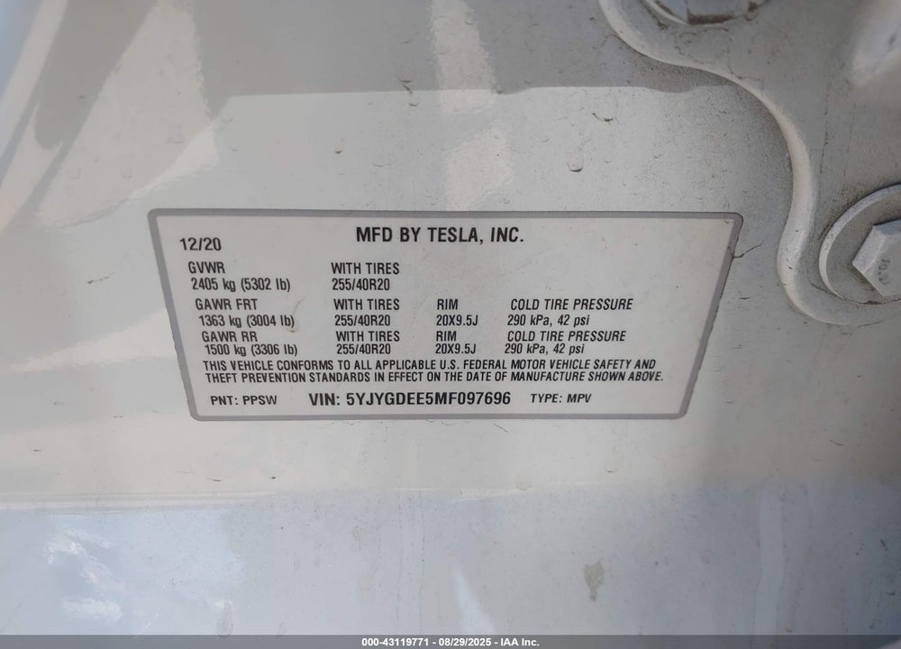 2021 TESLA MODEL Y VIN: 5YJYGDEE5MF097696