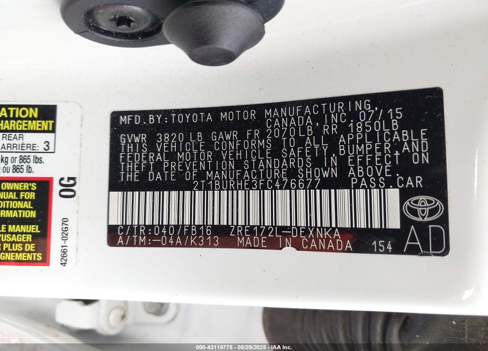2015 TOYOTA COROLLA VIN: 2T1BURHE3FC476677
