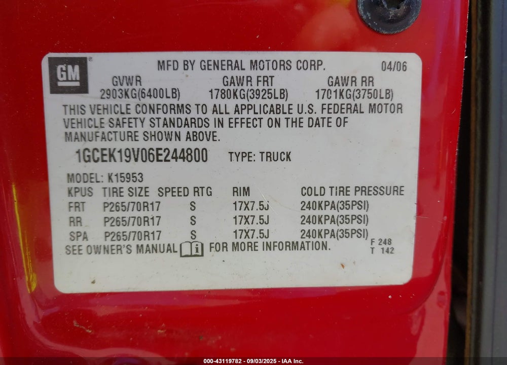 2006 CHEVROLET SILVERADO 1500 VIN: 1GCEK19V06E244800